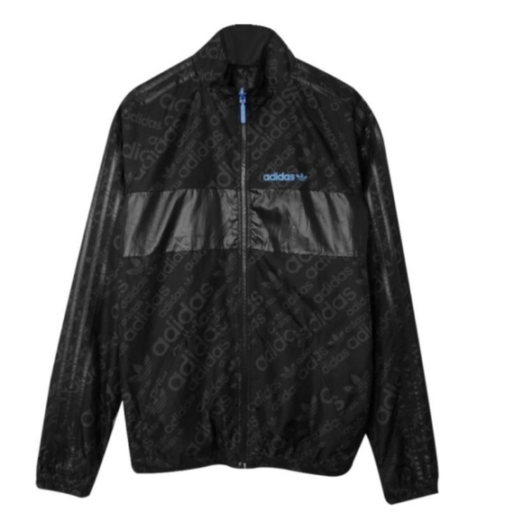 NWOT: Adidas Black Allover Logo Windbreaker Jacket - Size: Large; Black (w/Blue) - Picture 15 of 16